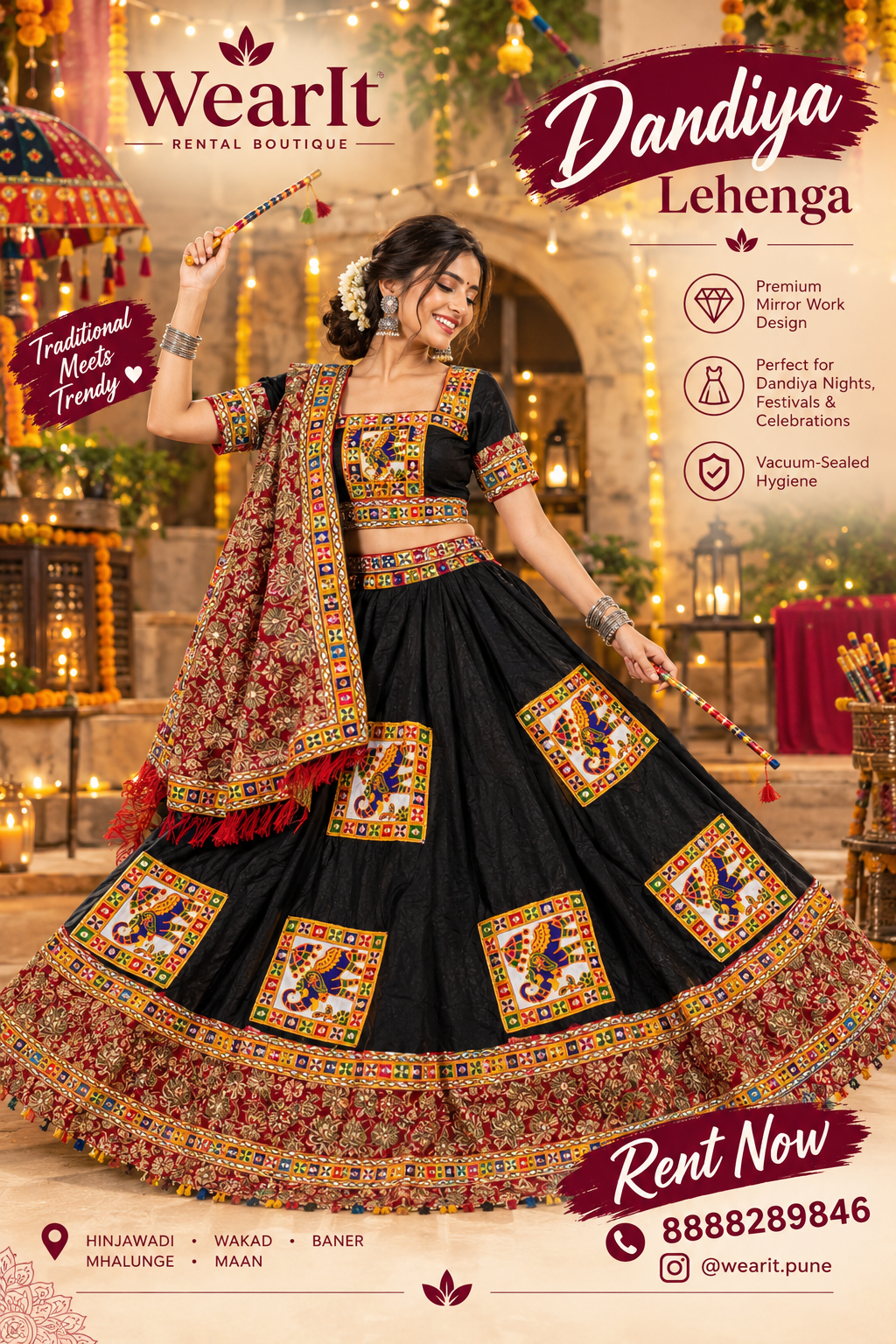 Black mirror-work motif Dandiya lehenga — wearit premium rental, Hinjewadi Pune