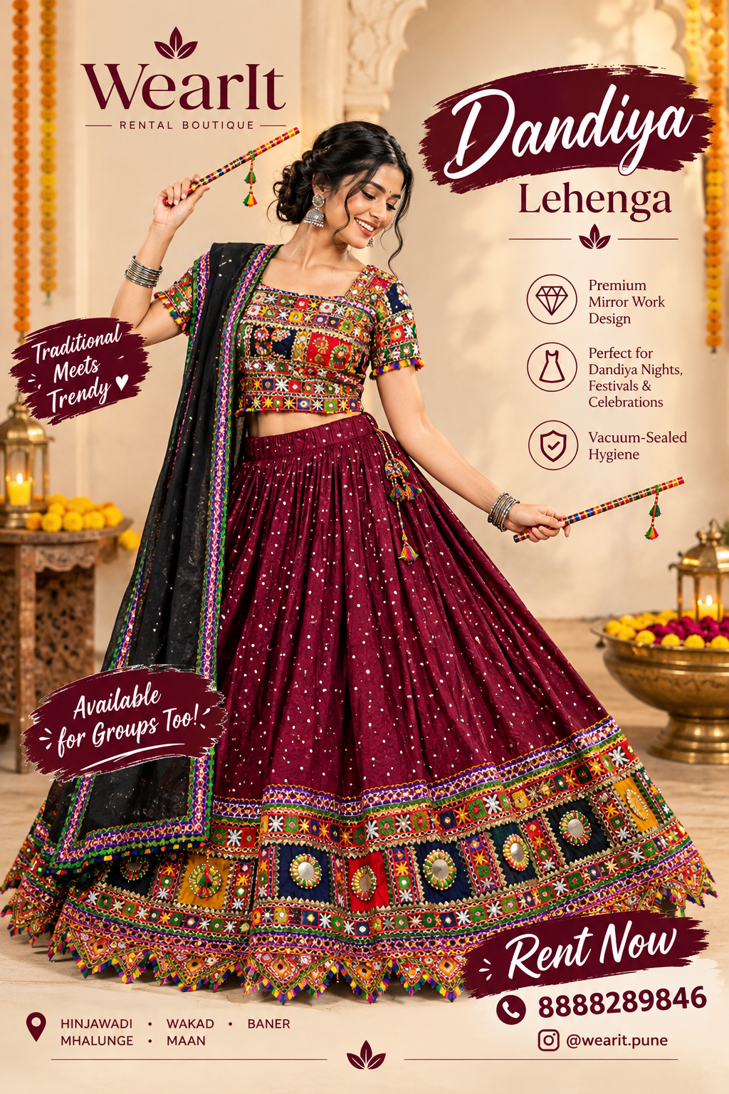 Maroon Sequin Lehenga with Heavy Mirror-Work Border