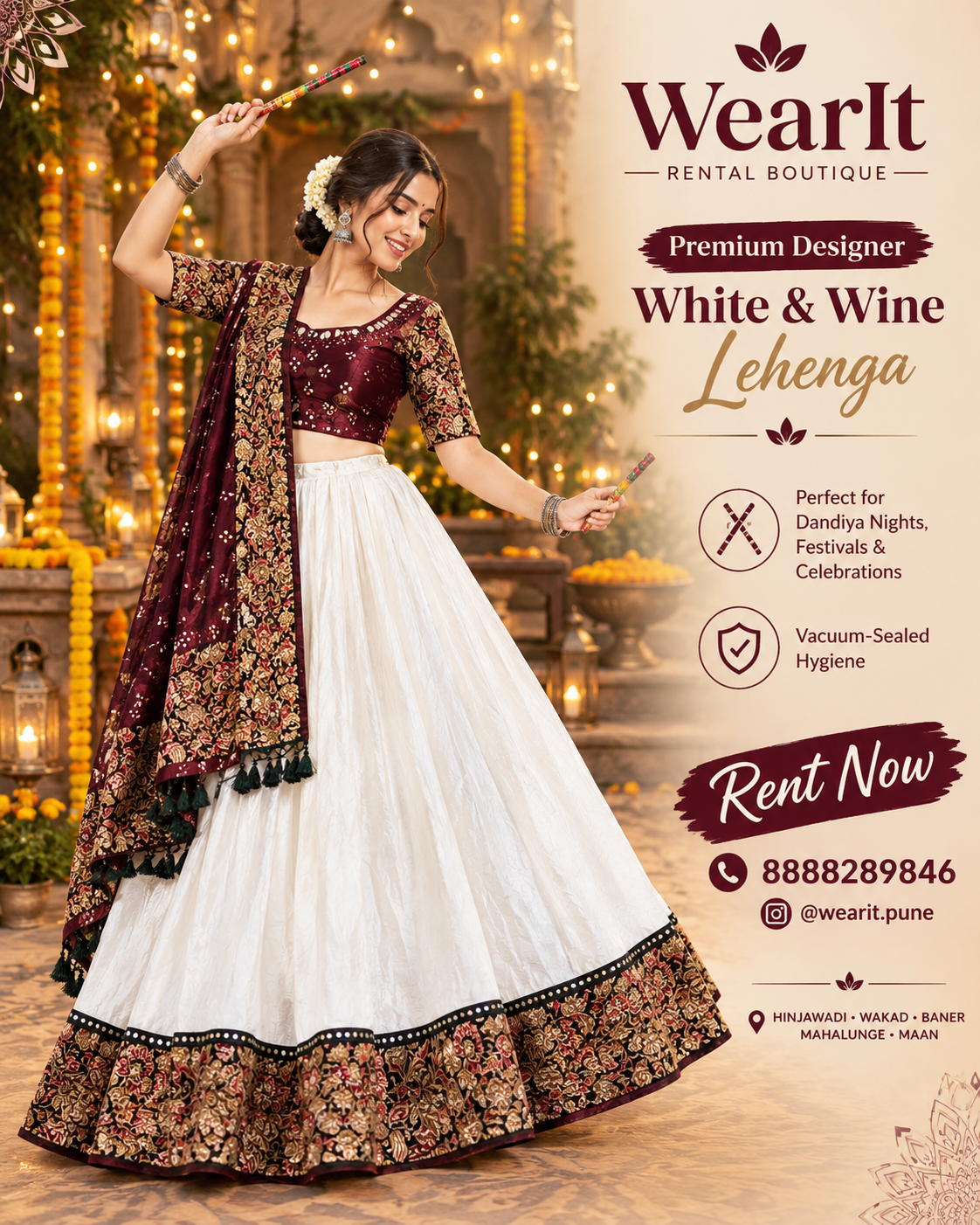 Premium designer white and wine lehenga — wearit premium rental, Hinjewadi Pune