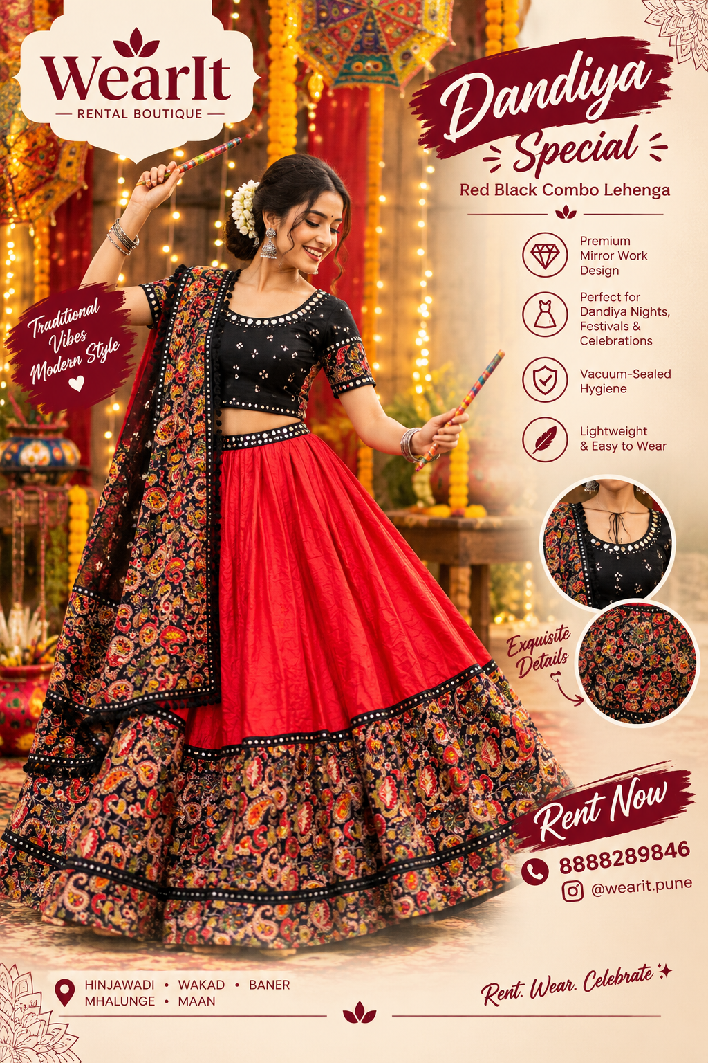 Red & Black Mirror Work Dandiya Lehenga