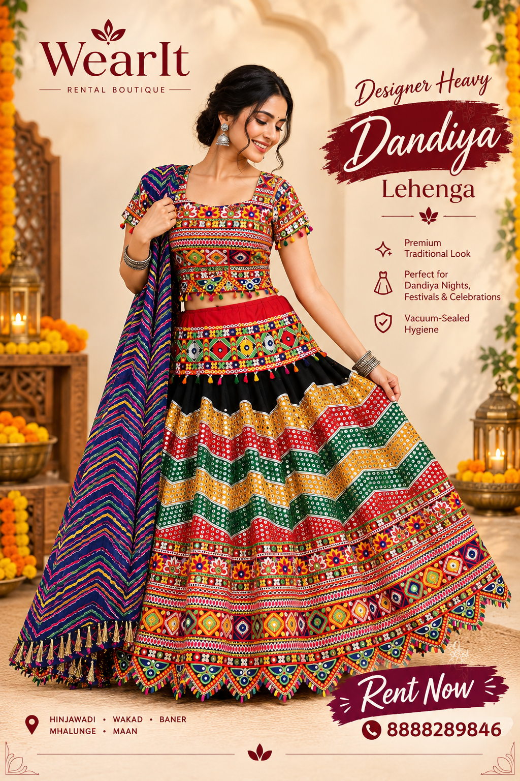 Designer heavy Dandiya lehenga with geometric embroidery — wearit premium rental, Hinjewadi Pune
