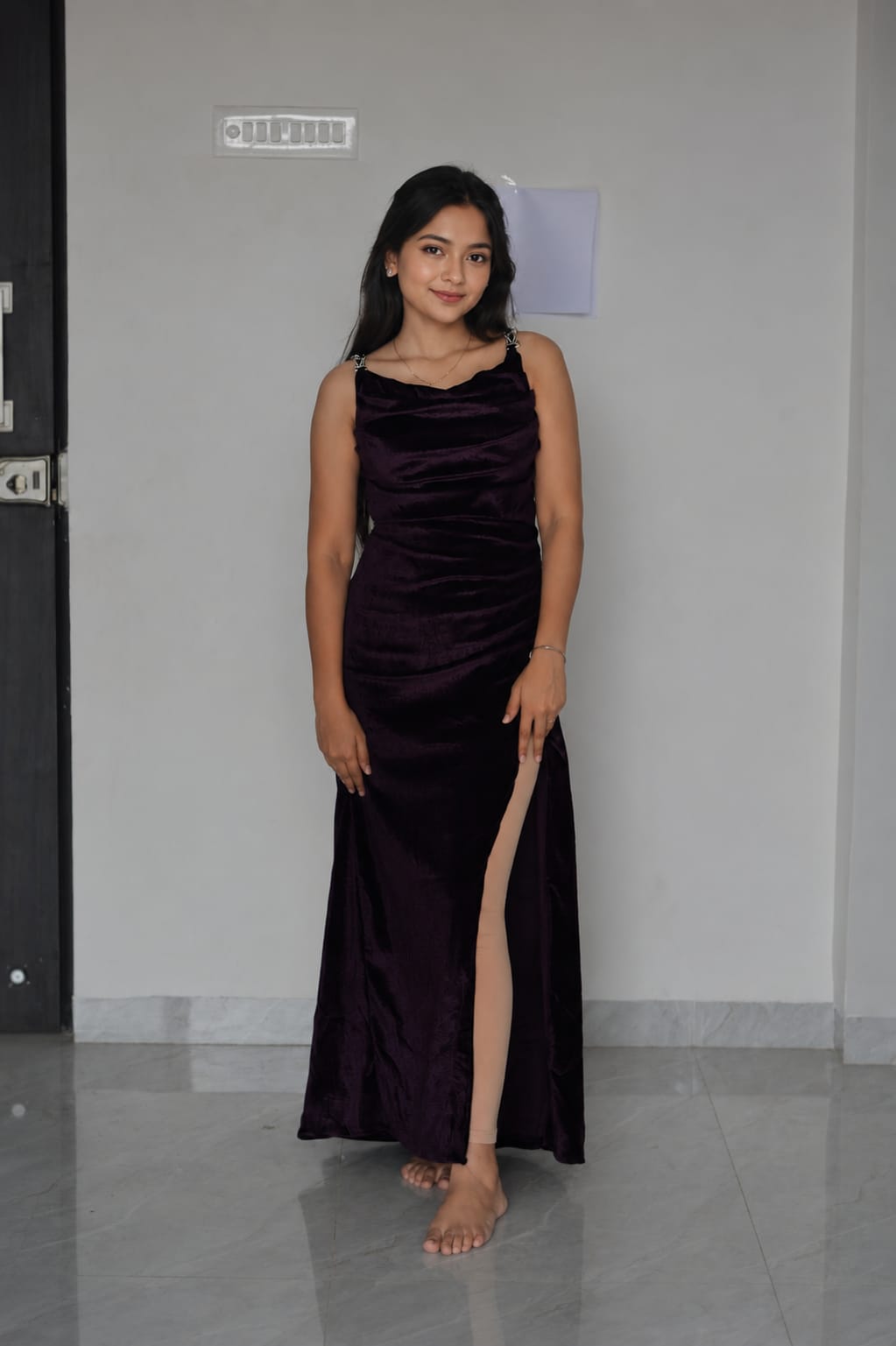 Aubergine velvet slip gown — wearit premium rental, Hinjewadi Pune