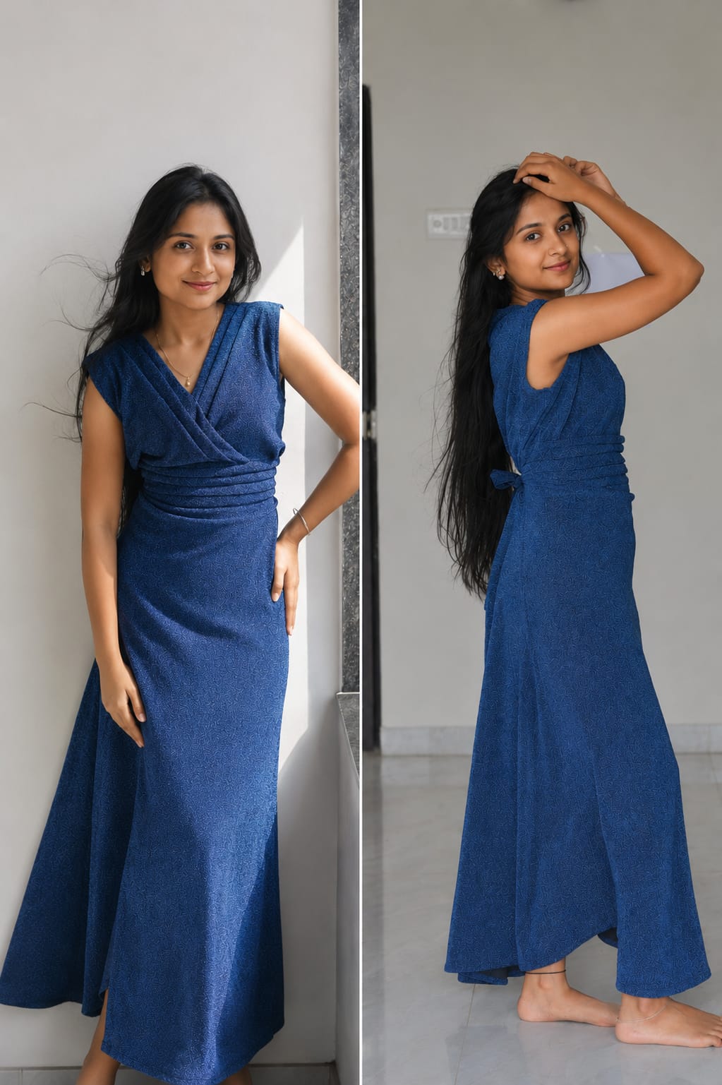 Navy Textured Wrap Maxi Dress