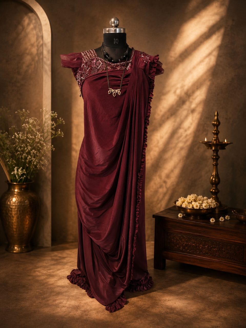 Maroon ruffle pre-draped saree gown — wearit premium rental, Hinjewadi Pune