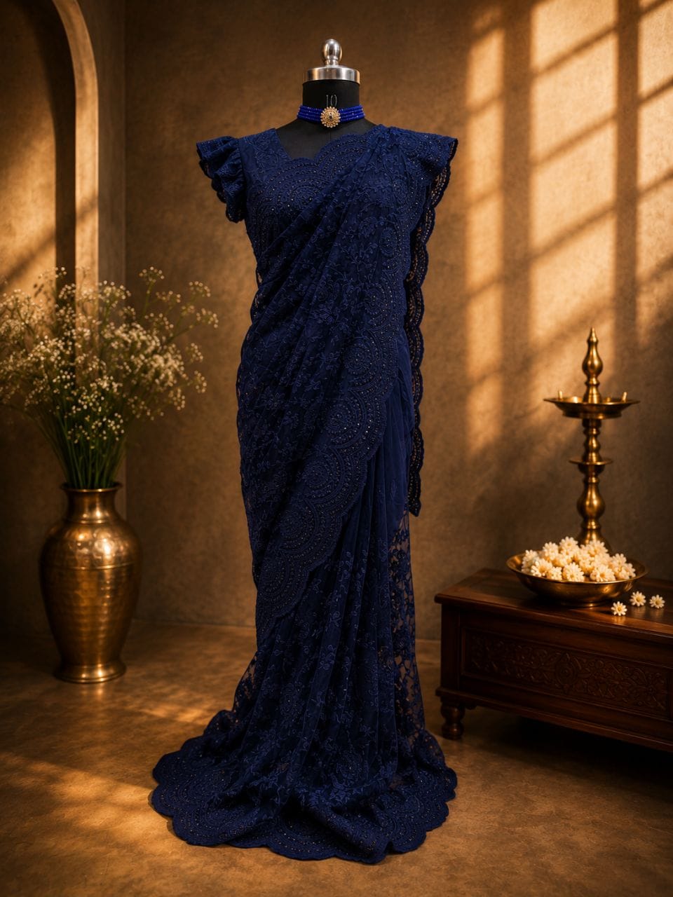 Navy Blue Embroidered Net Saree