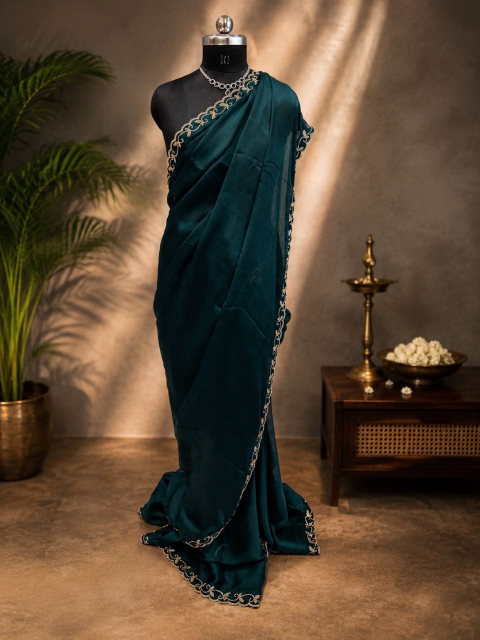 Teal Satin Saree with Embroidered Border