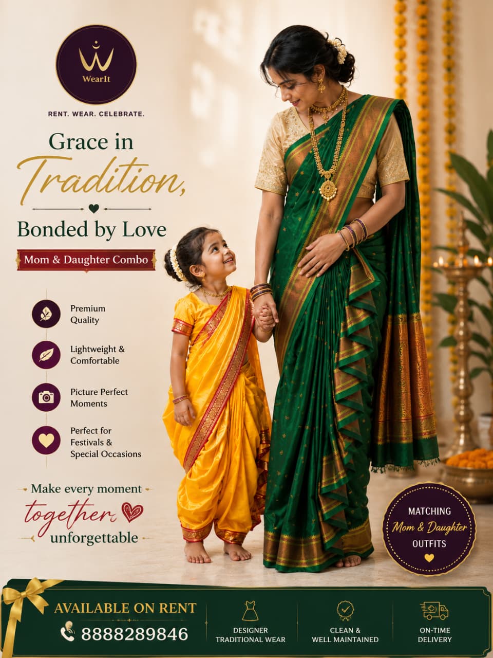 Mom and daughter matching traditional saree combo — wearit premium rental, Hinjewadi Pune