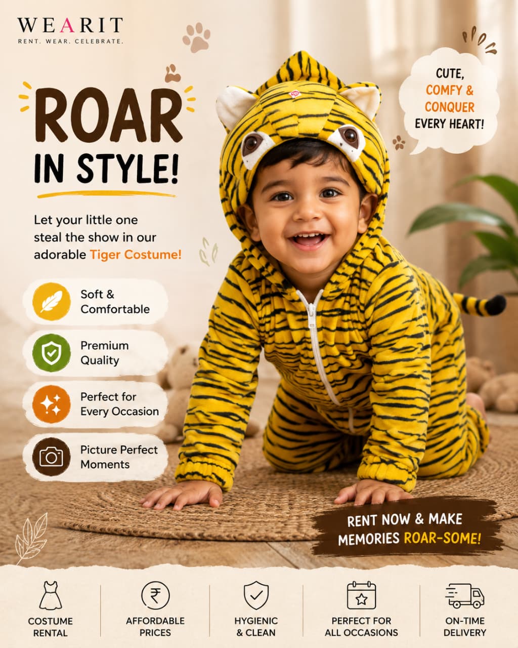 Kids tiger animal onesie costume — wearit premium rental, Hinjewadi Pune