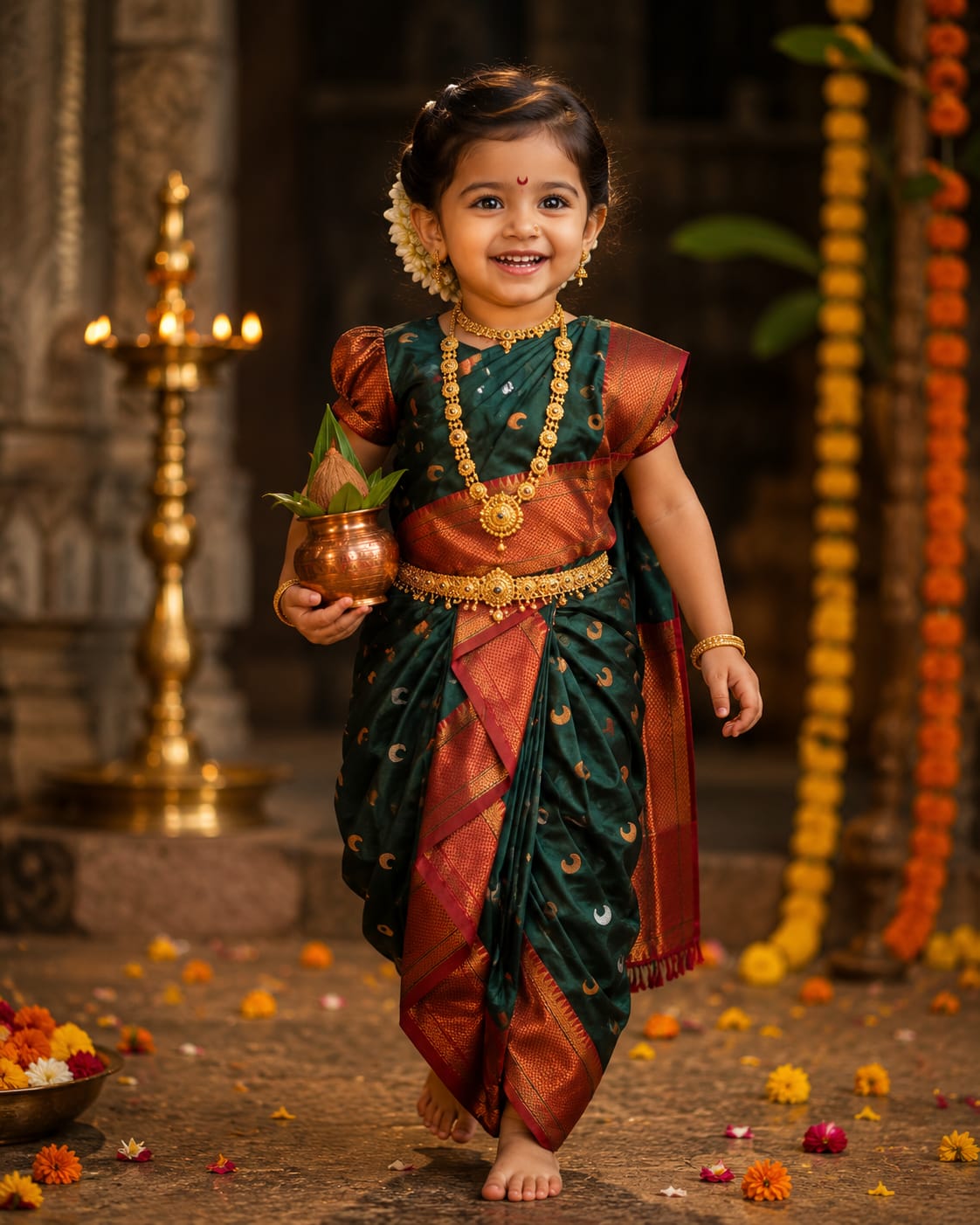 Toddler green and copper Nauwari saree — wearit premium rental, Hinjewadi Pune