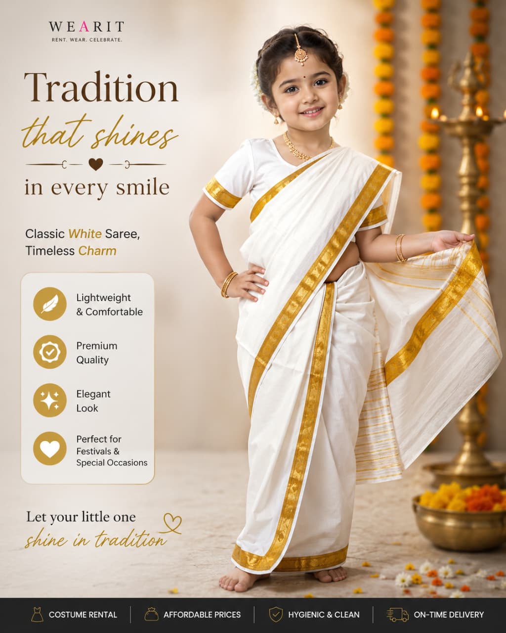 Toddler white and gold Nauwari saree — wearit premium rental, Hinjewadi Pune